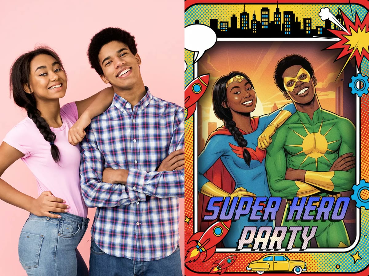 Retrato original de una pareja y transformación con IA estilo superhéroes