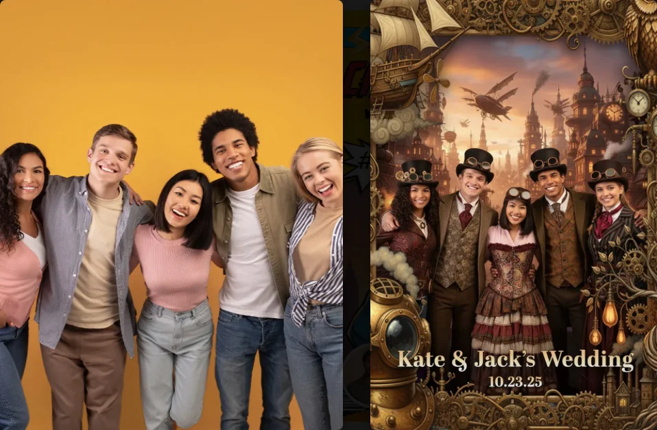 Antes y después: un grupo de cinco convertido en un retrato steampunk