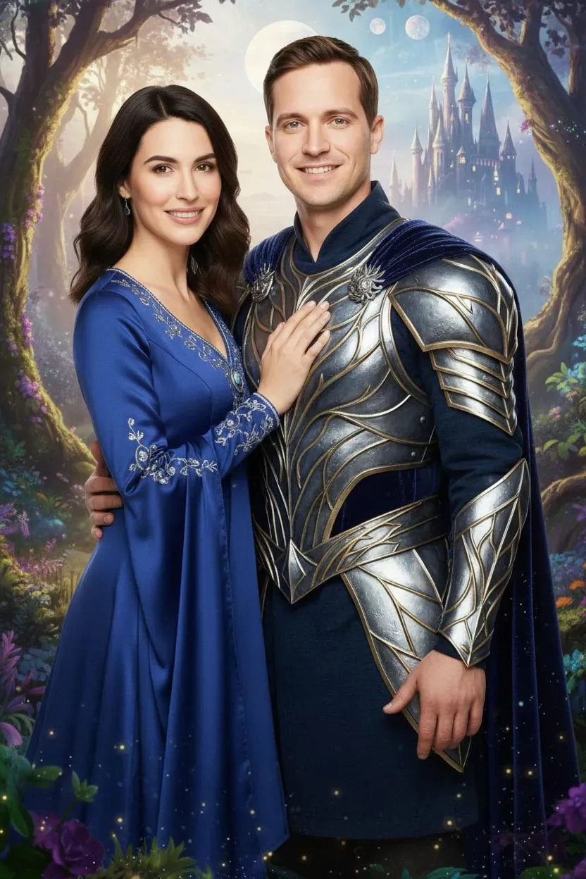 Retrato con IA en estilo de fantasía, con castillo y armadura