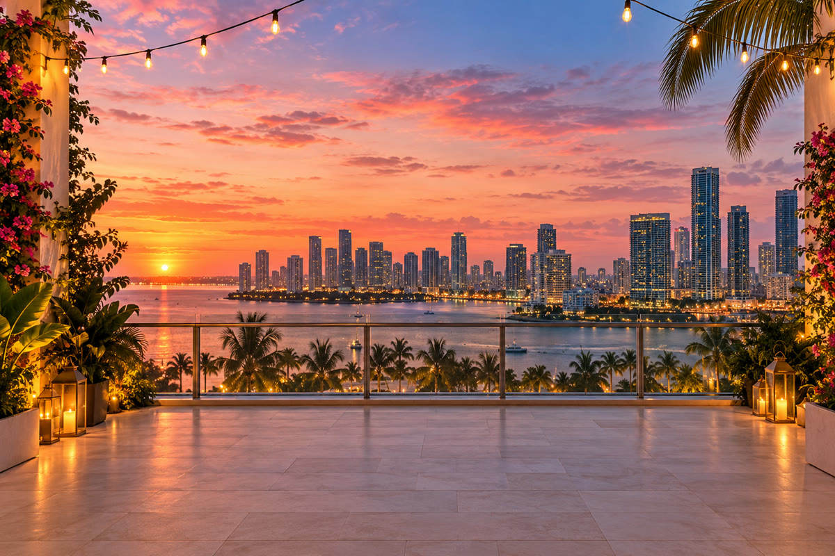 Diseño de fondo digital terraza de Miami para un photobooth en Miami