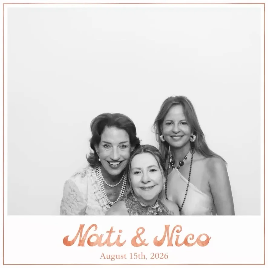 Square black-and-white Glam photo booth print with three guests and a coral border