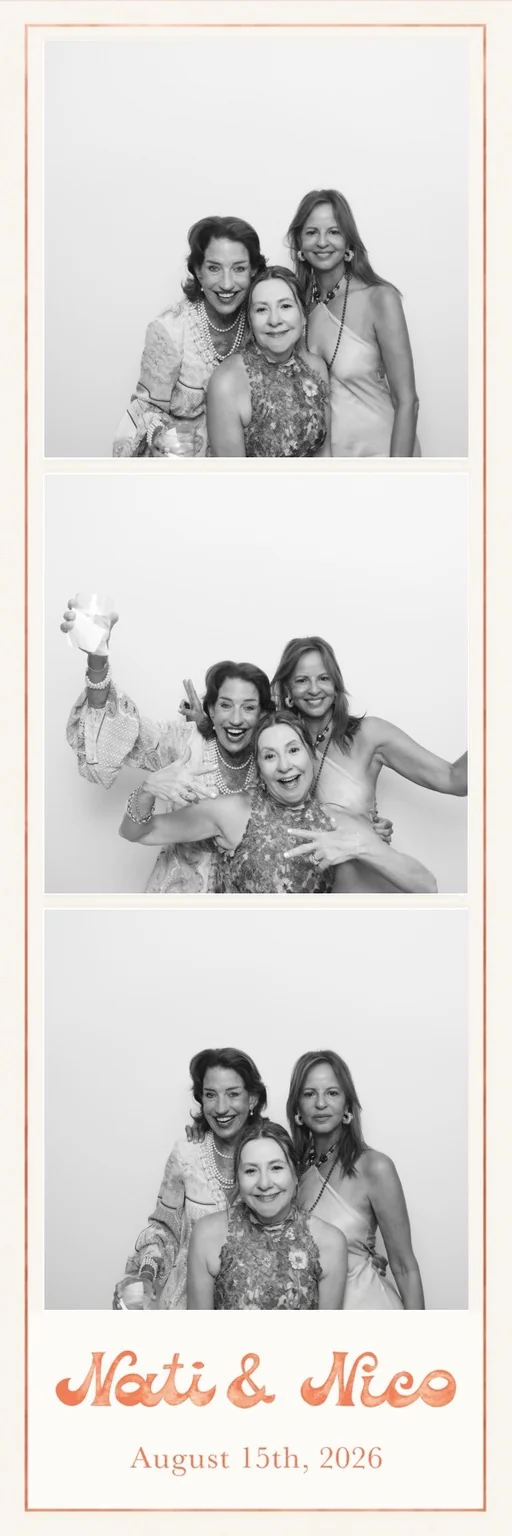 Three-panel black-and-white Glam photo booth strip with a thin coral border