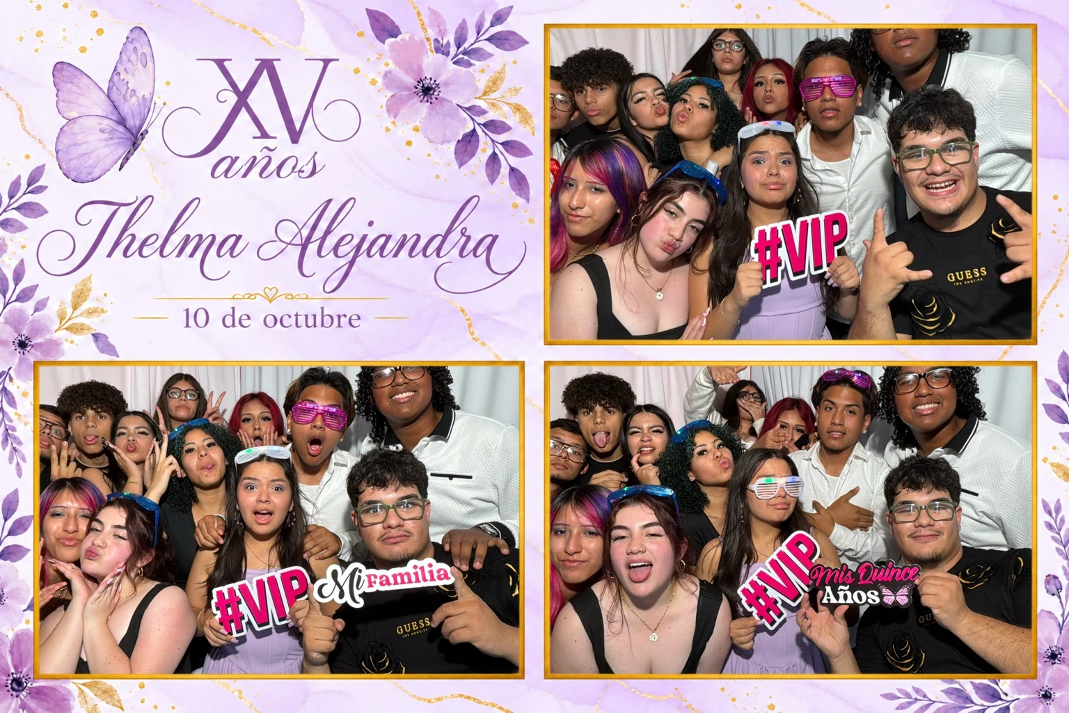 Diseño floral en tonos lavanda con tres fotos grupales del Photobooth de Autoservicio en una quinceañera de Miami Beach