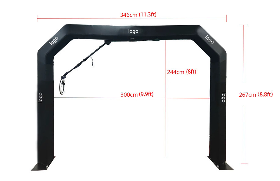 Overhead 360 frame dimensions showing an 11 foot 4 inch width, 8 foot 9 inch height and a 9 foot 10 inch by 8 foot interior frame opening
