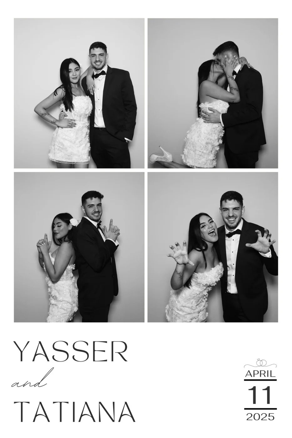 Diseño personalizado de impresión del photobooth glam para una boda en Miami, cuatro cuadros en blanco y negro con los nombres y la fecha de la pareja