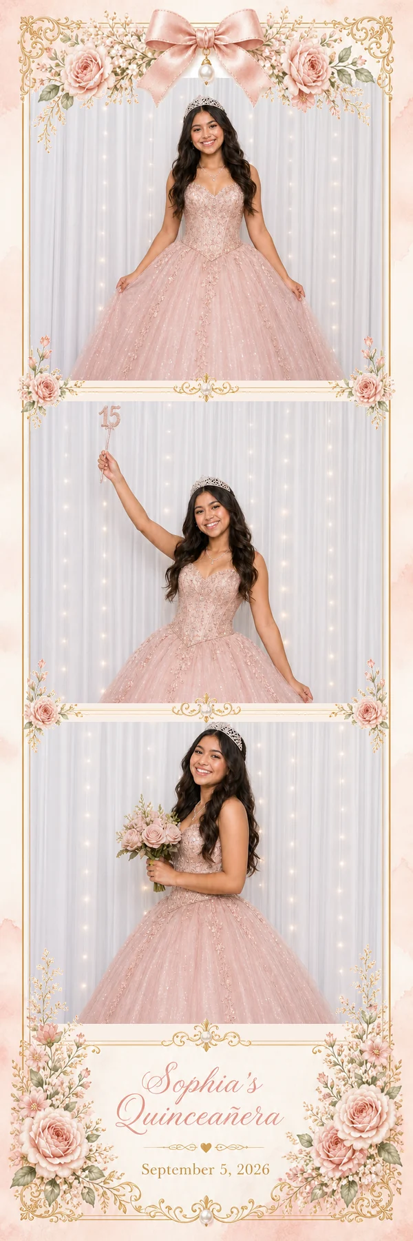 Tira vertical de photobooth para quinceañera con tres retratos, flores rosadas, un lazo y detalles dorados
