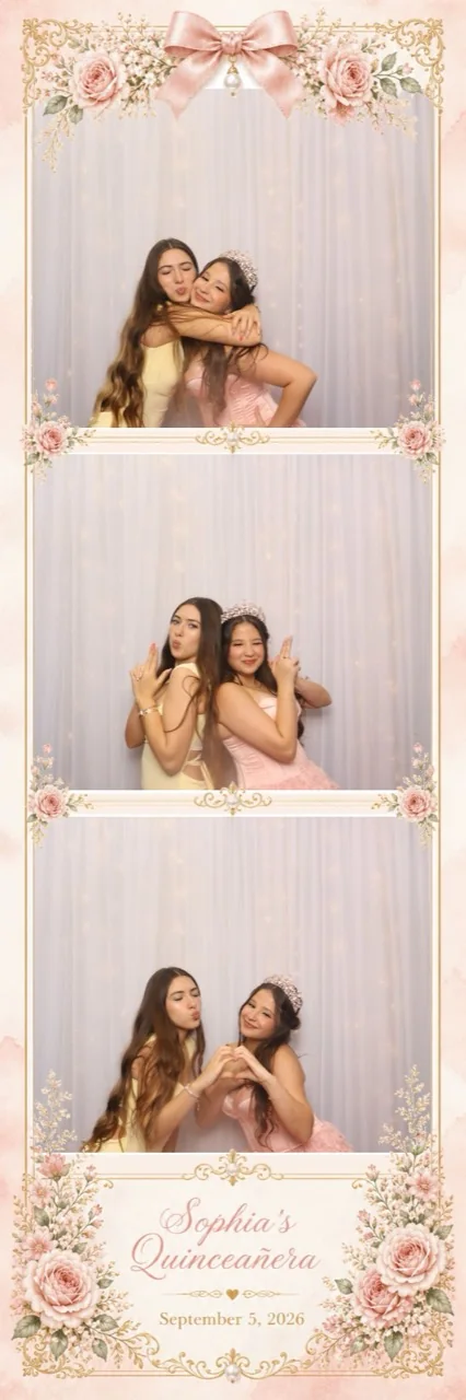 Floral three-photo strip printed at a pink-and-gold quinceañera